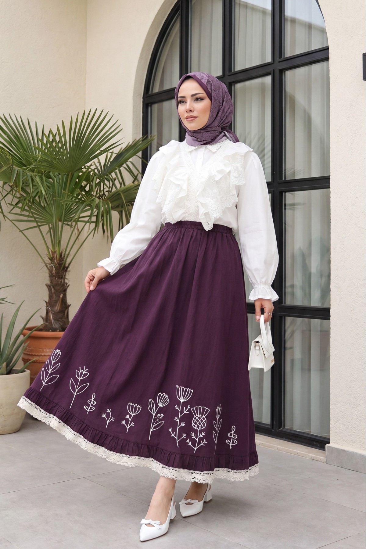 Dantel İşlemeli Beli Lastikli Etek -Mürdüm