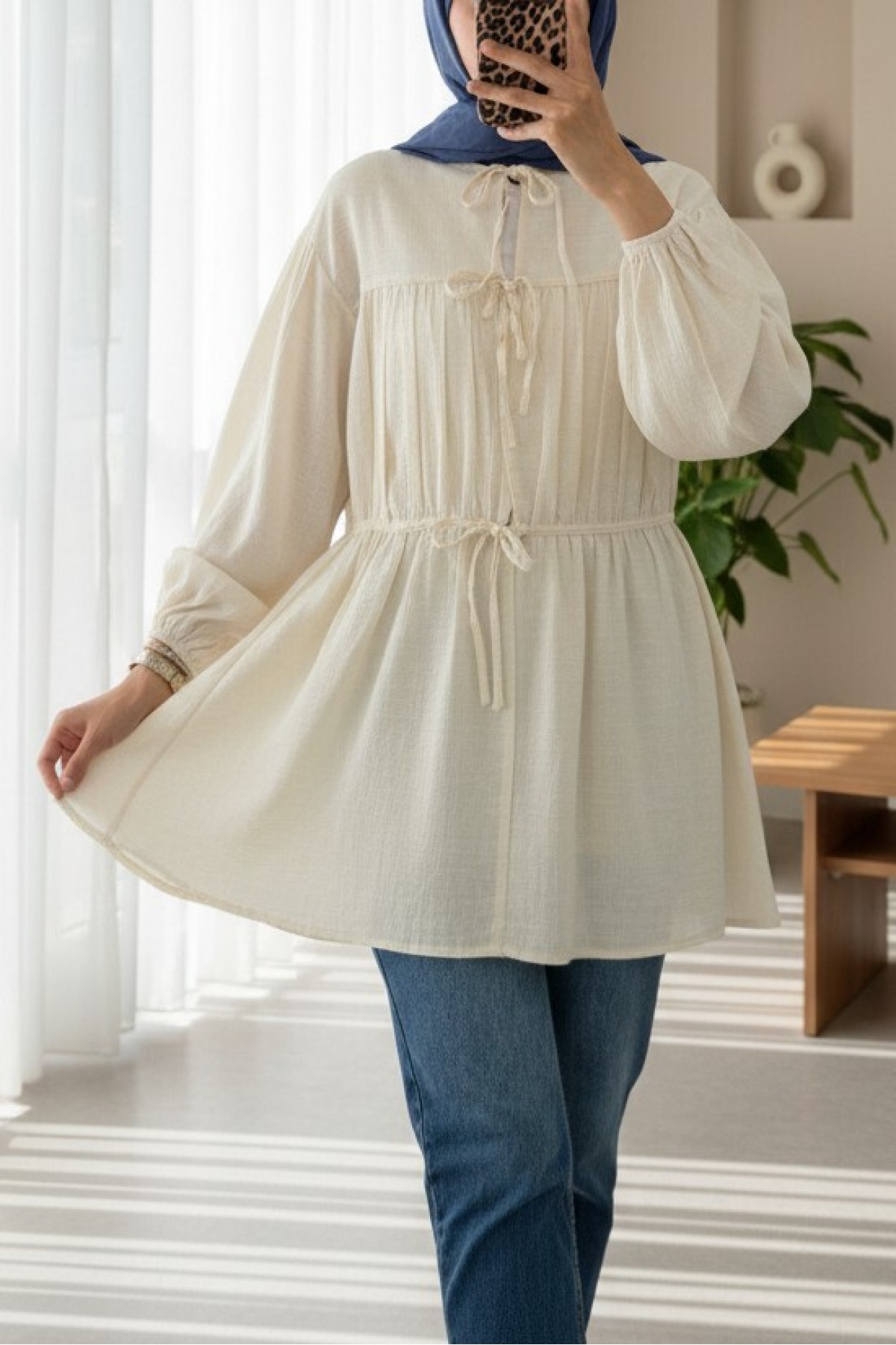 Tie Front Elastic Sleeve Shirt -Ecru