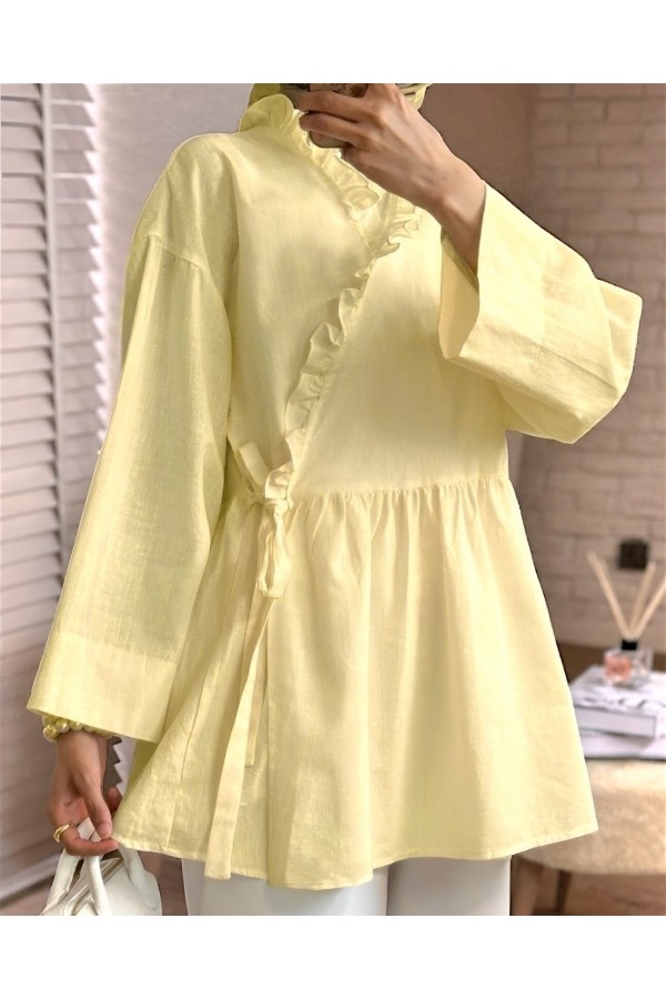 Linen Kimono with Side Tie and Ruffle Collar   -Light yellow
