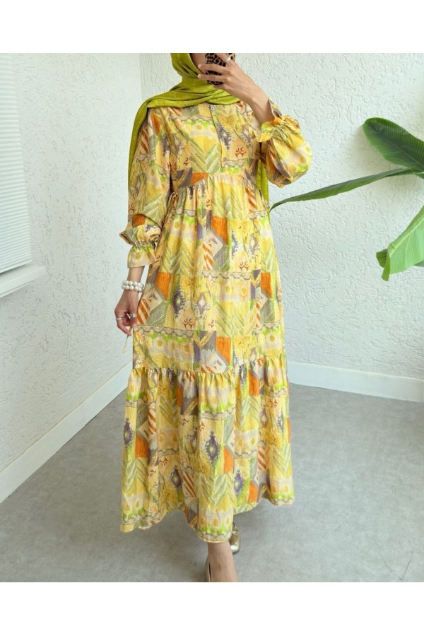 Side Laced Elastic Sleeve Half Buttoned Viscose Dress -Oil Green