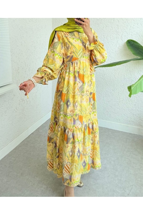 Side Laced Elastic Sleeve Half Buttoned Viscose Dress -Oil Green