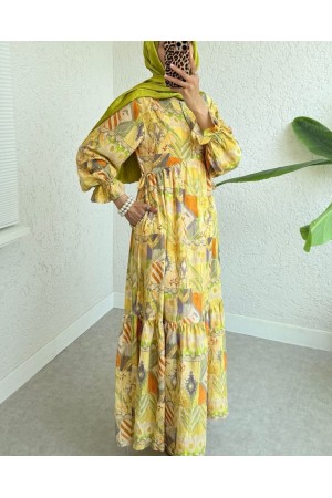 Yandan Bağcıklı Kolu Lastikli Yarım Düğmeli Viskon Elbise -Yağ Yeşili