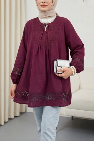 Dantel Detaylı Yakası Bağlamalı Kolu Lastikli Gömlek -Bordo
