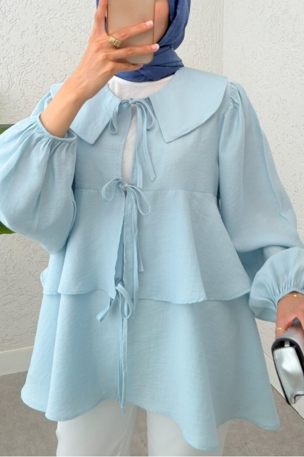 Bebe Yaka Önü Bağcıklı Eteği Katlı Kimono -Bebe Mavi