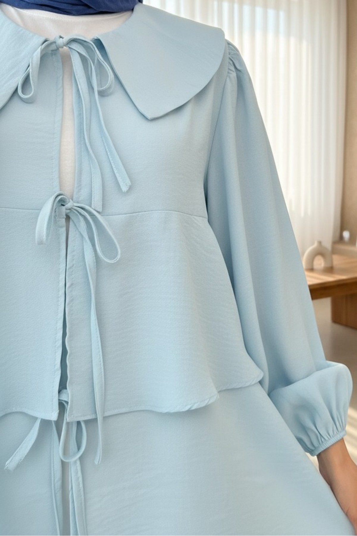 Peter Pan Collar Kimono with Tied Front and Layered Skirt -Baby Blue detay görseli