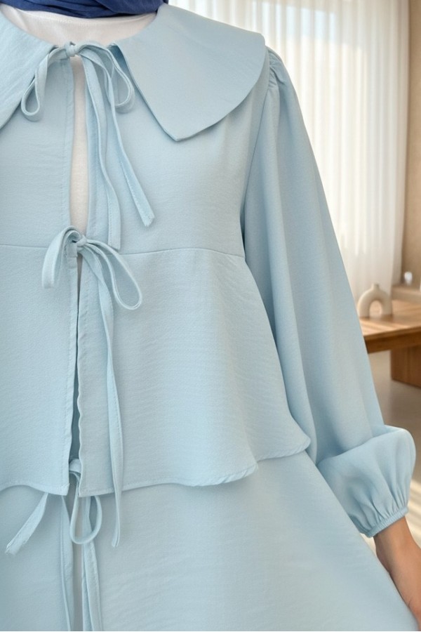 Bebe Yaka Önü Bağcıklı Eteği Katlı Kimono -Bebe Mavi