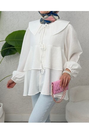 Bebe Yaka Önü Bağcıklı Eteği Katlı Kimono -Beyaz