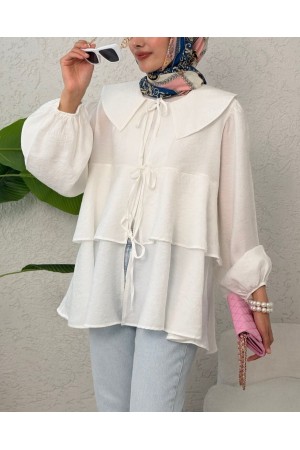 Bebe Yaka Önü Bağcıklı Eteği Katlı Kimono -Beyaz