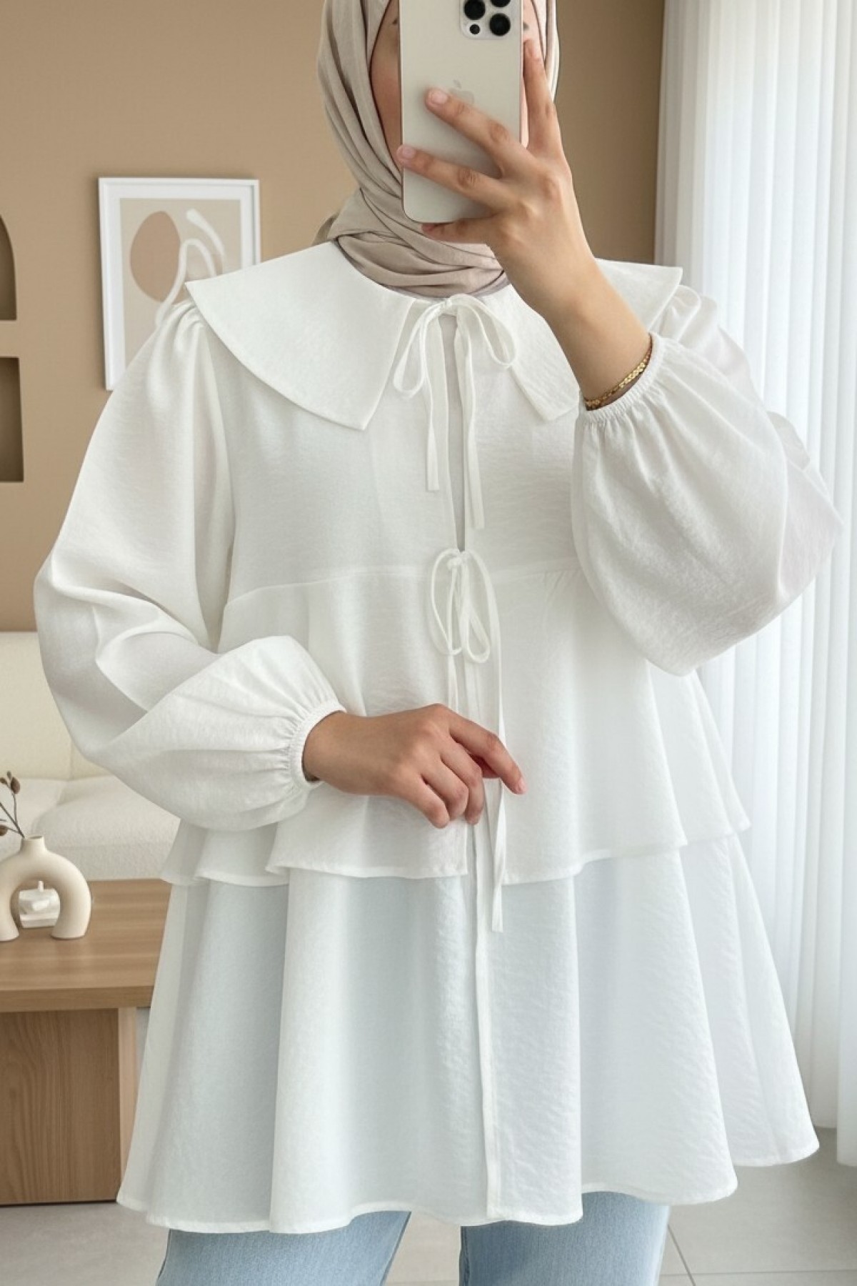 Bebe Yaka Önü Bağcıklı Eteği Katlı Kimono -Beyaz