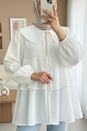Bebe Yaka Önü Bağcıklı Eteği Katlı Kimono -Beyaz
