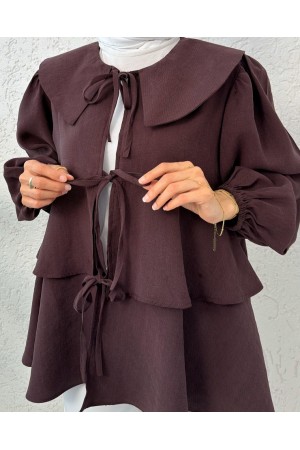 Peter Pan Collar Kimono with Tied Front and Layered Skirt -Damson