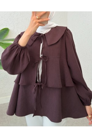 Peter Pan Collar Kimono with Tied Front and Layered Skirt -Damson