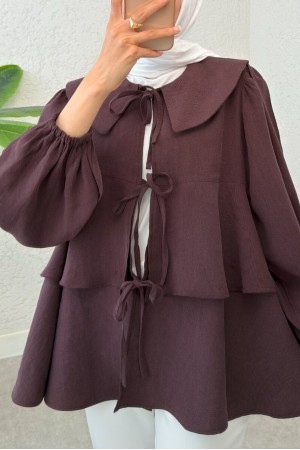 Bebe Yaka Önü Bağcıklı Eteği Katlı Kimono -Mürdüm