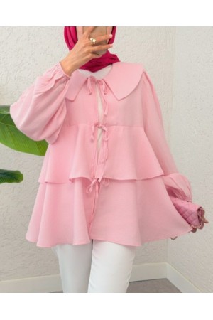 Bebe Yaka Önü Bağcıklı Eteği Katlı Kimono -Pembe