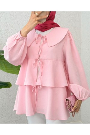 Bebe Yaka Önü Bağcıklı Eteği Katlı Kimono -Pembe