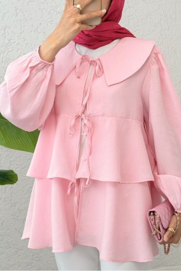 Bebe Yaka Önü Bağcıklı Eteği Katlı Kimono -Pembe