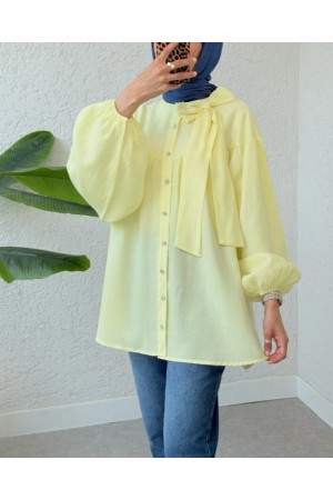Yakası Fiyonk Detaylı Kolu Lastikli Düğmeli Keten Tunik -Açık Sarı