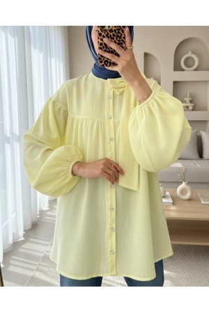 Yakası Fiyonk Detaylı Kolu Lastikli Düğmeli Keten Tunik -Açık Sarı