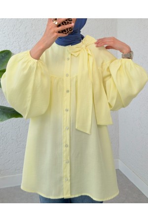 Yakası Fiyonk Detaylı Kolu Lastikli Düğmeli Keten Tunik -Açık Sarı