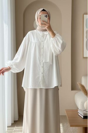 Yakası Fiyonk Detaylı Kolu Lastikli Düğmeli Keten Tunik -Beyaz