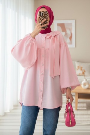 Yakası Fiyonk Detaylı Kolu Lastikli Düğmeli Keten Tunik -Pembe