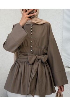 Beli Bağcıklı Boydan Taş Düğmeli Tunik -Açık Kahve