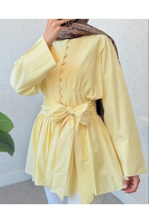 Beli Bağcıklı Boydan Taş Düğmeli Tunik -Açık Sarı