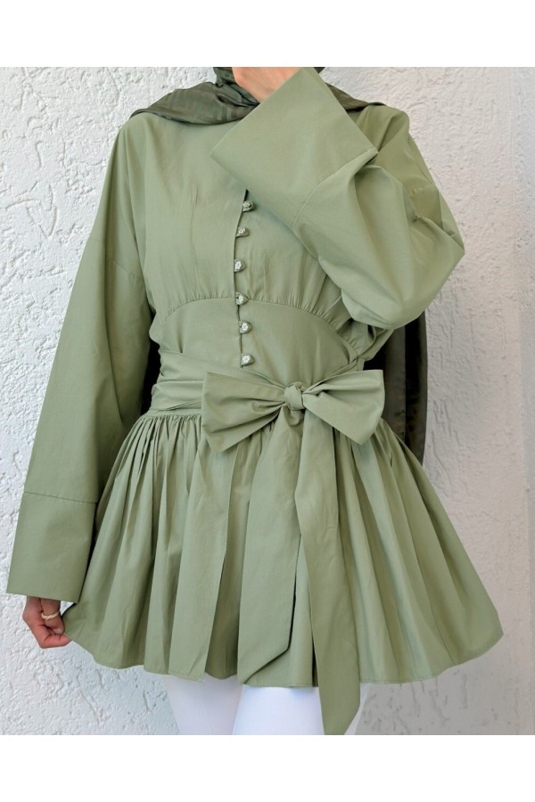Tied Waist Tunic with Stone Buttons Throughout -Cagla Green