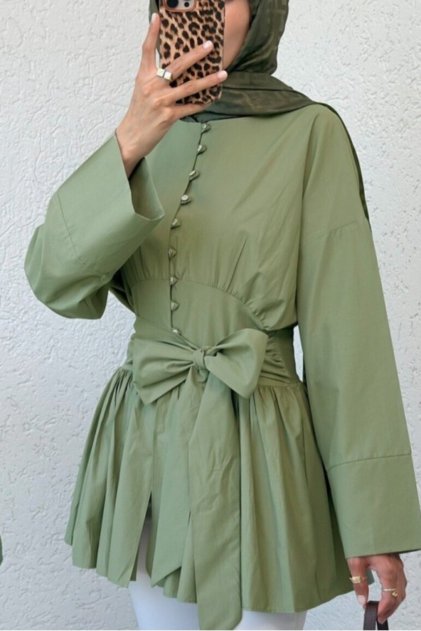 Tied Waist Tunic with Stone Buttons Throughout -Cagla Green