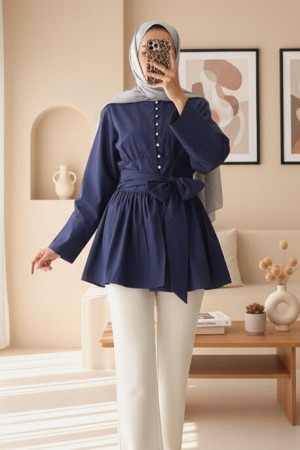 Beli Bağcıklı Boydan Taş Düğmeli Tunik -Laci