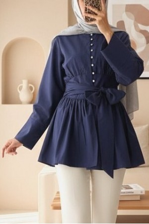 Tied Waist Tunic with Stone Buttons Throughout -Navy blue