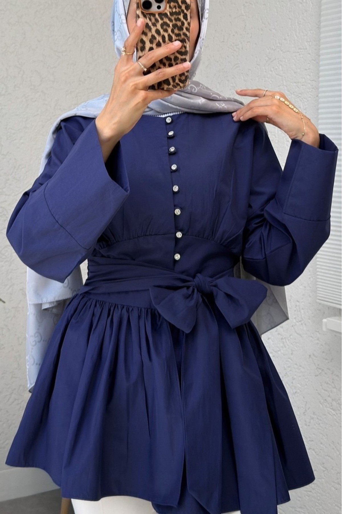 Tied Waist Tunic with Stone Buttons Throughout -Navy blue