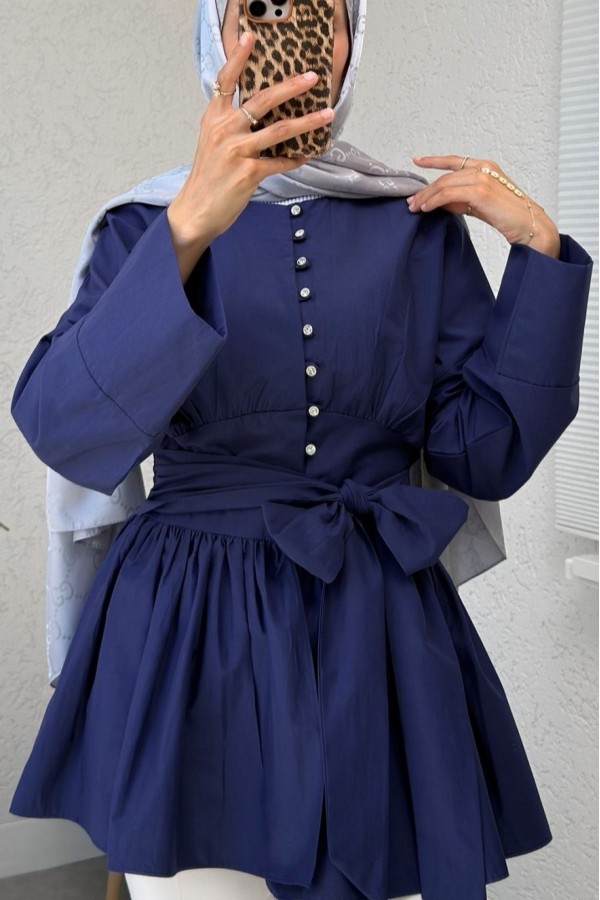 Tied Waist Tunic with Stone Buttons Throughout -Navy blue