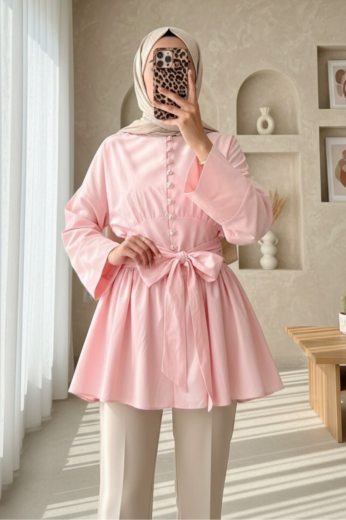 Beli Bağcıklı Boydan Taş Düğmeli Tunik -Pembe