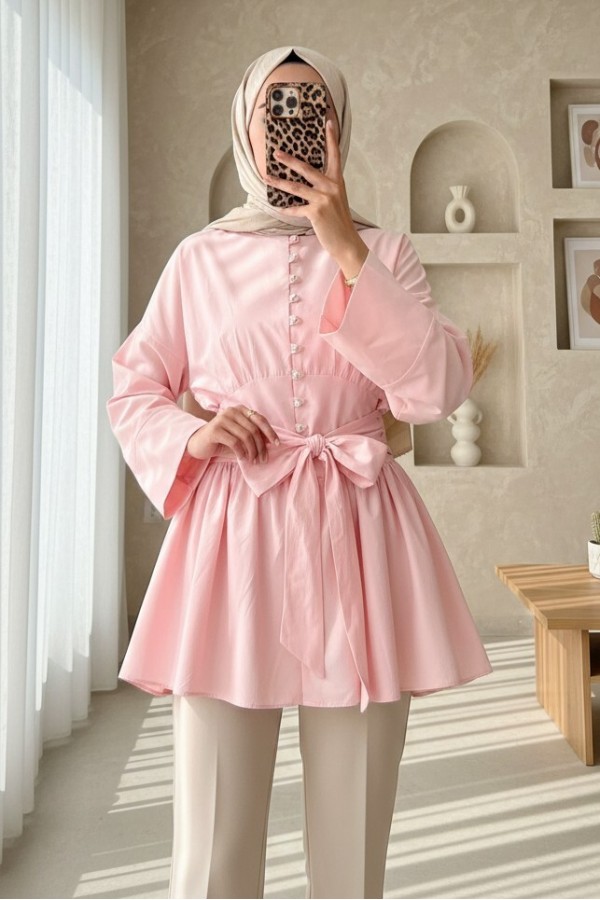 Tied Waist Tunic with Stone Buttons Throughout -Pink