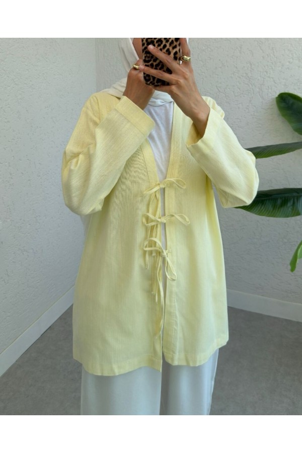 Linen Kimono with Three Laces in Front -Light yellow