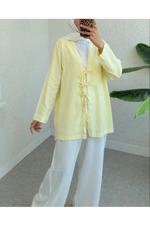 Linen Kimono with Three Laces in Front -Light yellow