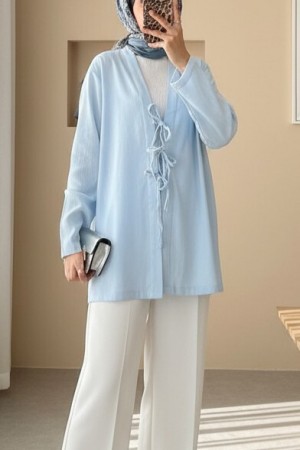 Önü Üç Bağcıklı Keten Kimono -Bebe Mavi
