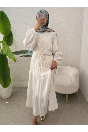 Beli Bağcıklı Yarasa Kol Düğmeli Bluz Etek Keten Takım -Bej