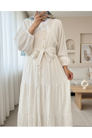 Beli Bağcıklı Yarasa Kol Düğmeli Bluz Etek Keten Takım -Bej