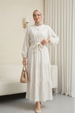 Beli Bağcıklı Yarasa Kol Düğmeli Bluz Etek Keten Takım -Bej