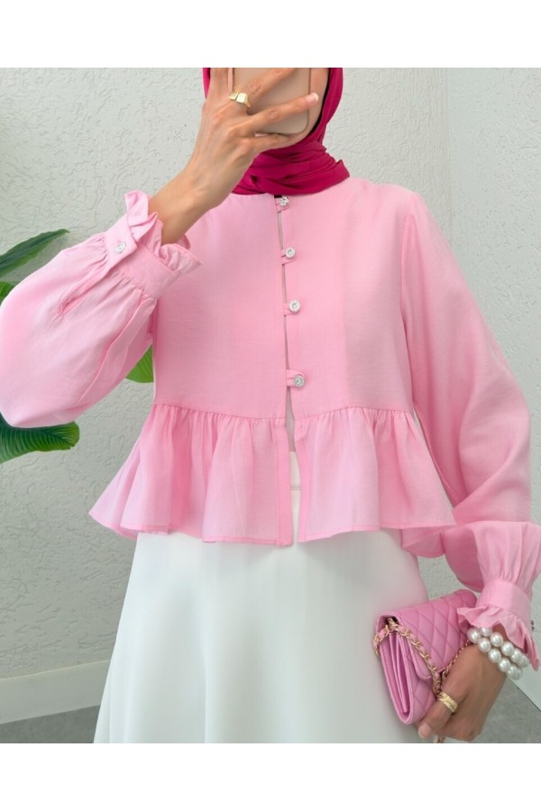 Eteği Ve Kolu Fırfırlı Taşlı Düğmeli Modal Kumaş Gömlek  -Pembe