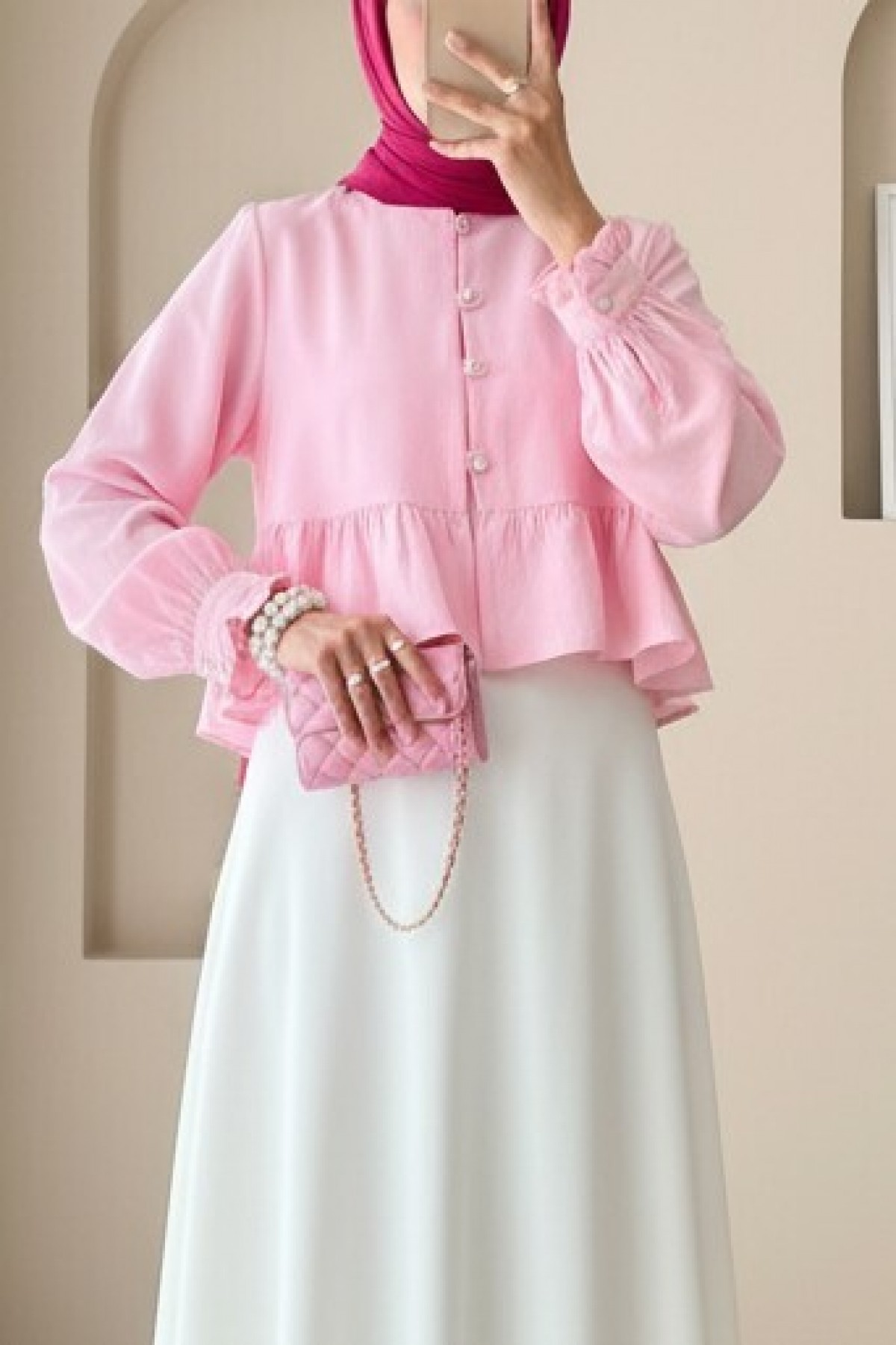 Modal Fabric Shirt with Ruffled Skirt and Sleeves and Stoned Buttons  -Pink
