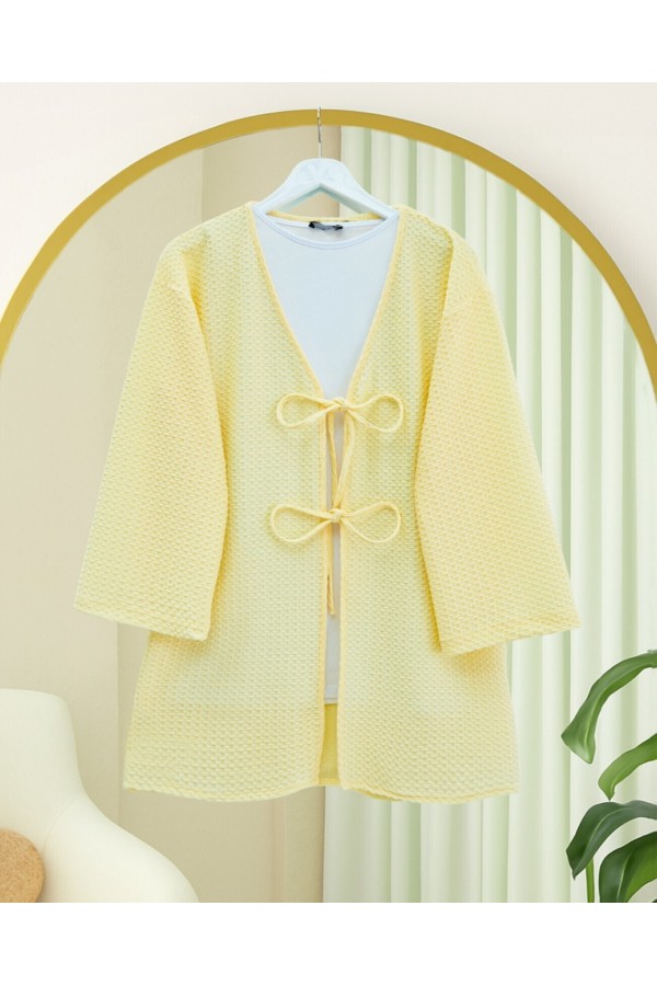 Önü Çift Bağcıklı Petek Desen Kimono -Açık Sarı