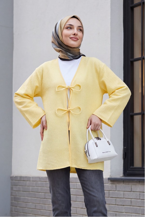 Honeycomb Pattern Kimono with Double Lace Front -Light yellow