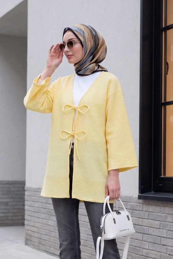 Honeycomb Pattern Kimono with Double Lace Front -Light yellow