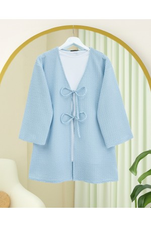 Önü Çift Bağcıklı Petek Desen Kimono -Bebe Mavi