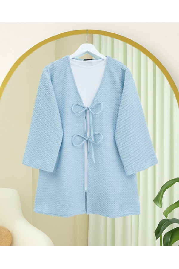 Önü Çift Bağcıklı Petek Desen Kimono -Bebe Mavi