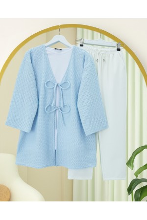 Önü Çift Bağcıklı Petek Desen Kimono -Bebe Mavi