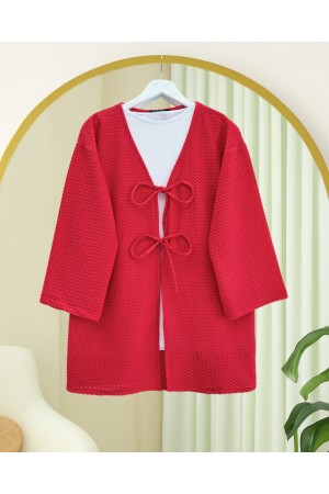 Honeycomb Pattern Kimono with Double Lace Front -Red